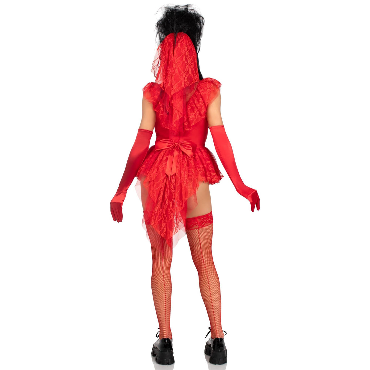 Back view of red lace gothic bride costume with bodysuit, bustle bow, and veil - Golddiggers Boutique