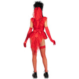 Back view of red lace gothic bride costume with bodysuit, bustle bow, and veil - Golddiggers Boutique