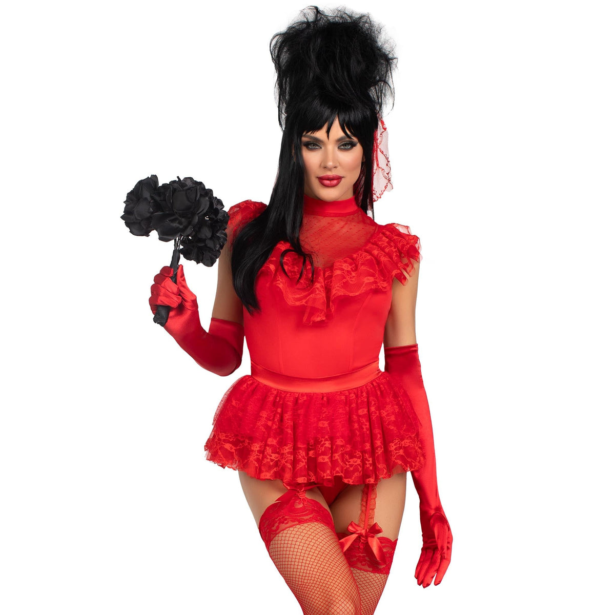 Close front view of red lace gothic bride costume with bodysuit, bustle bow, and veil - Golddiggers Boutique