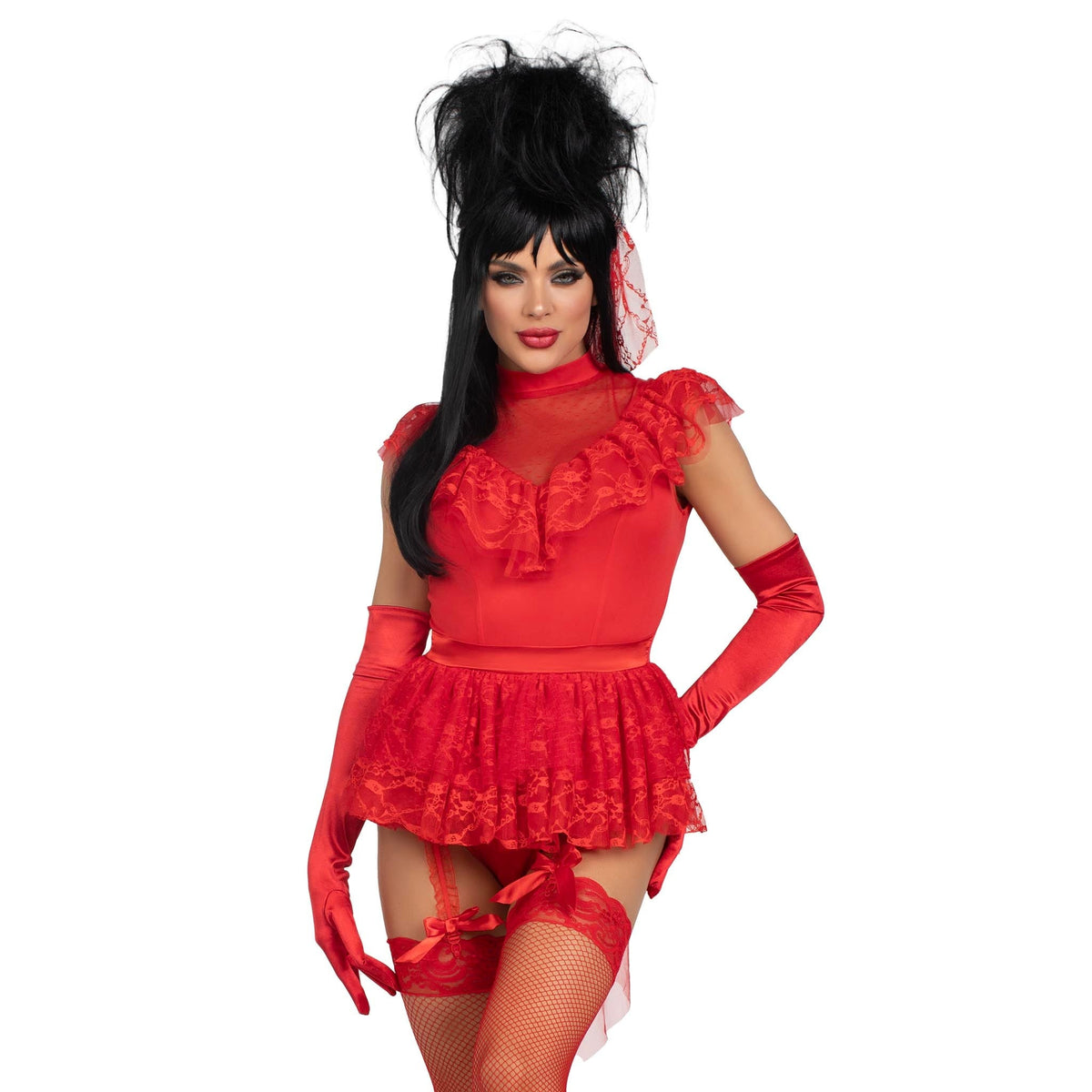 Close front pose of red lace gothic bride costume with bodysuit, bustle bow, and veil - Golddiggers Boutique