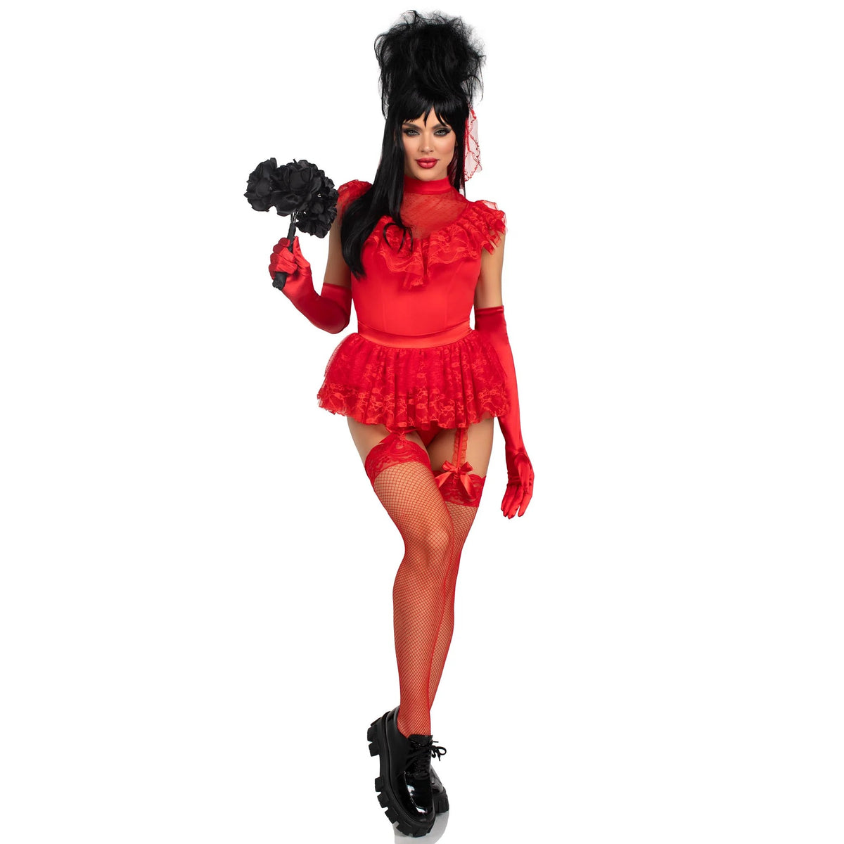 Front view of red lace gothic bride costume with bodysuit, bustle bow, and veil - Golddiggers Boutique