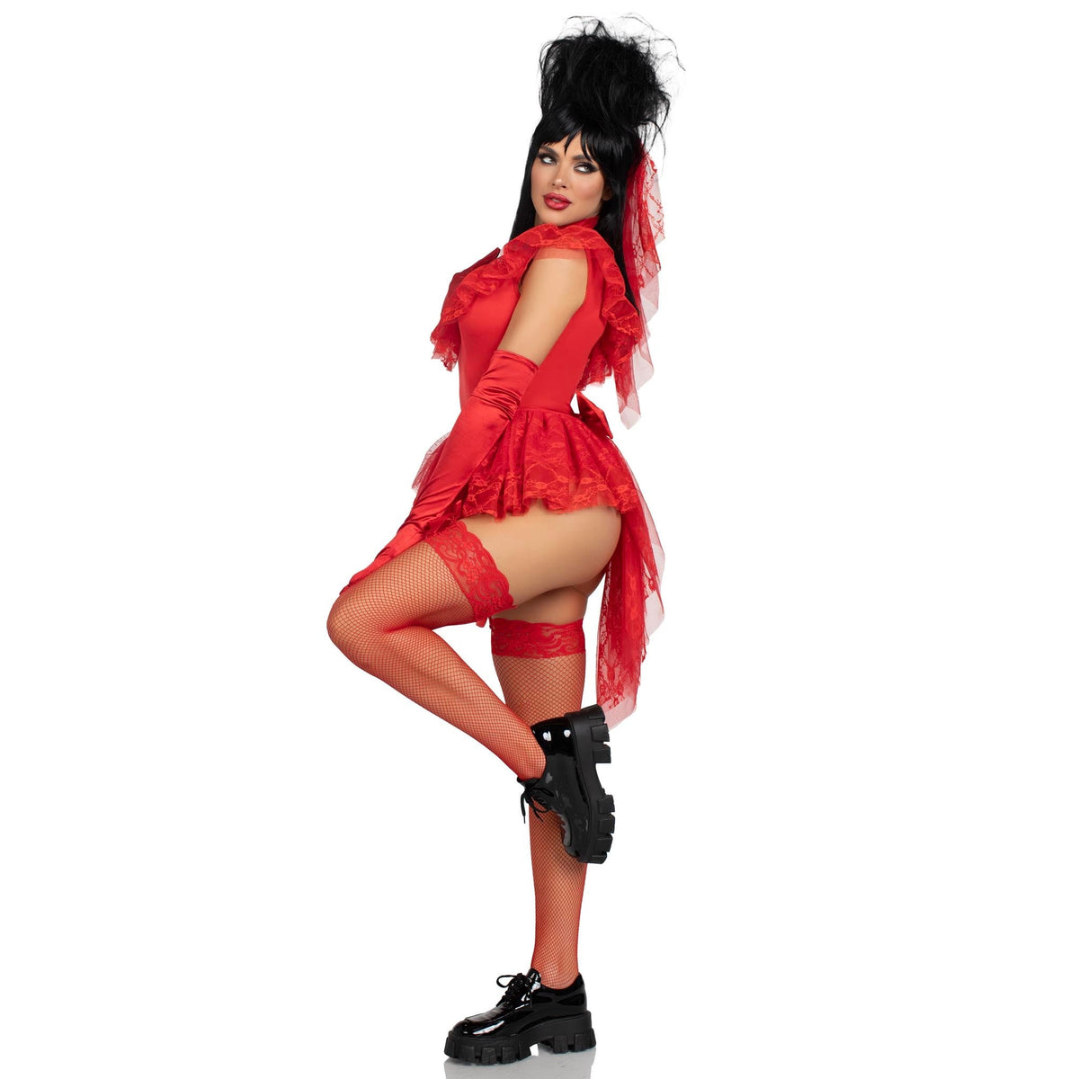 Side view of red lace gothic bride costume with bodysuit, bustle bow, and veil - Golddiggers Boutique