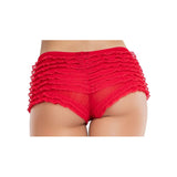 Back view of red lace ruffle tanga shorts