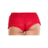 Close-up back view of red lace ruffle tanga shorts