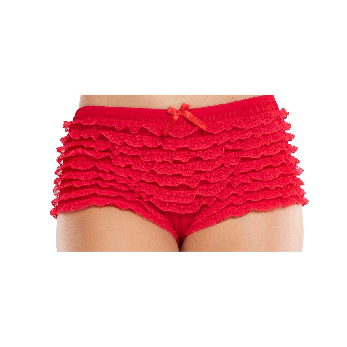 Close-up front view of red lace ruffle tanga shorts