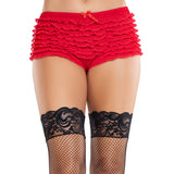 Close-up front view of red lace ruffle tanga shorts - Golddiggers Boutique