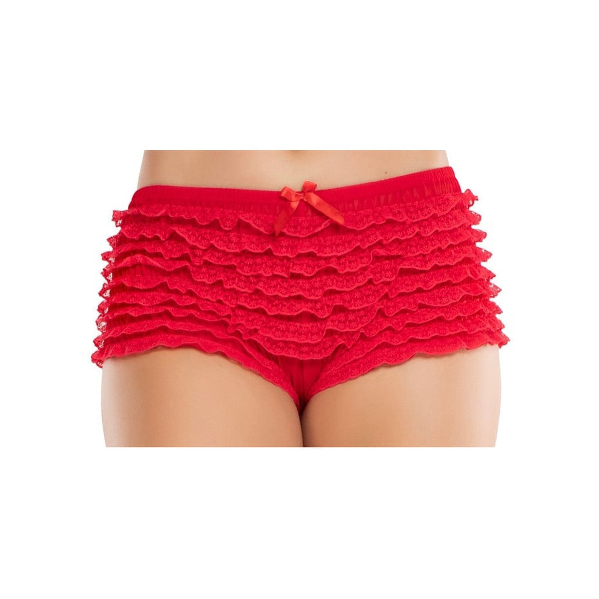 Front view of red lace ruffle tanga shorts