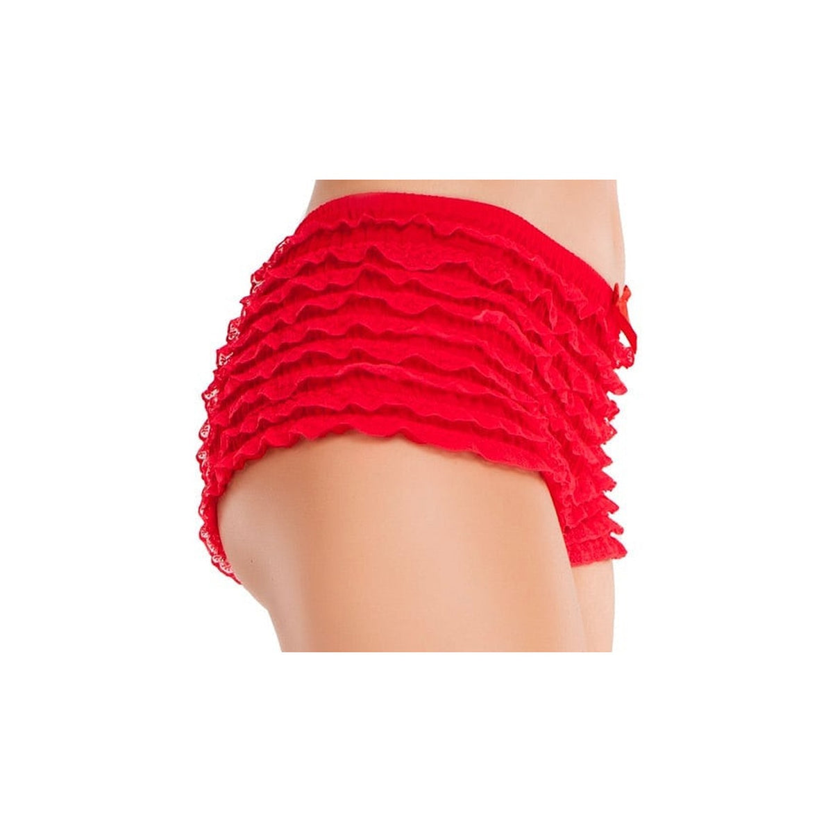 Side view of red lace ruffle tanga shorts