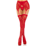 Front view of red lace thigh highs and crossover garter belt set - Golddiggers Boutique