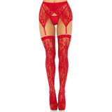 Front view of red lace thigh highs and crossover garter belt set - Golddiggers Boutique