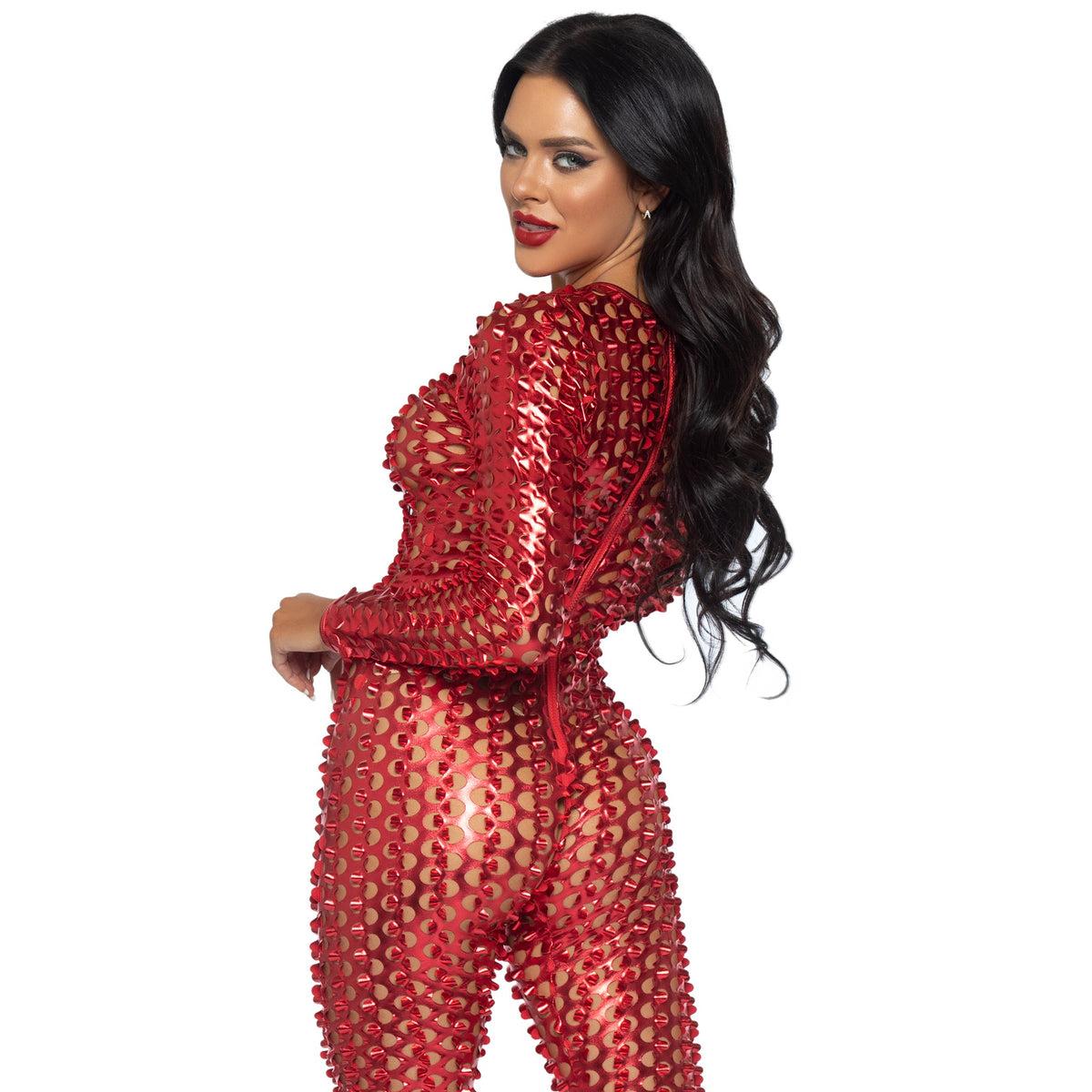 Close-up back view of red laser cut metallic catsuit - Golddiggers Boutique