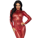 Close-up front view of red laser cut metallic catsuit - Golddiggers Boutique