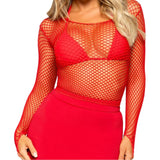 Front view of red long sleeve industrial net top - Golddiggers Boutique