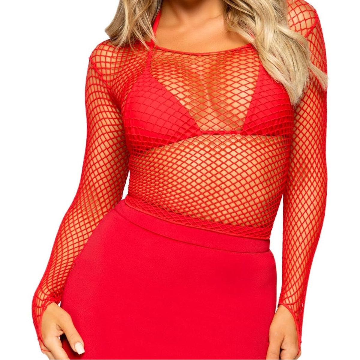 Front view of red long sleeve industrial net top - Golddiggers Boutique