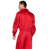 Close-up back view of red men's coverall jumpsuit costume - Golddiggers Boutique