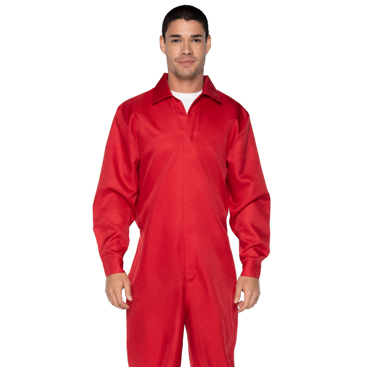 Close-up front view of red men's coverall jumpsuit costume - Golddiggers Boutique