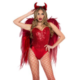 Detail view of red ombre chiffon devil wings and horn headband - Golddiggers Boutique
