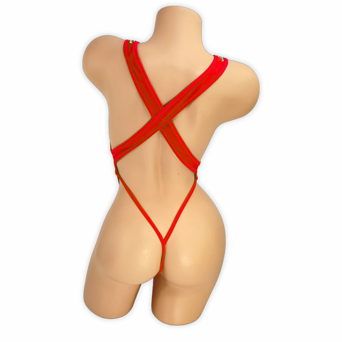 Red Paige rhinestone slingshot bodysuit, back view showing criss-cross straps and thong back