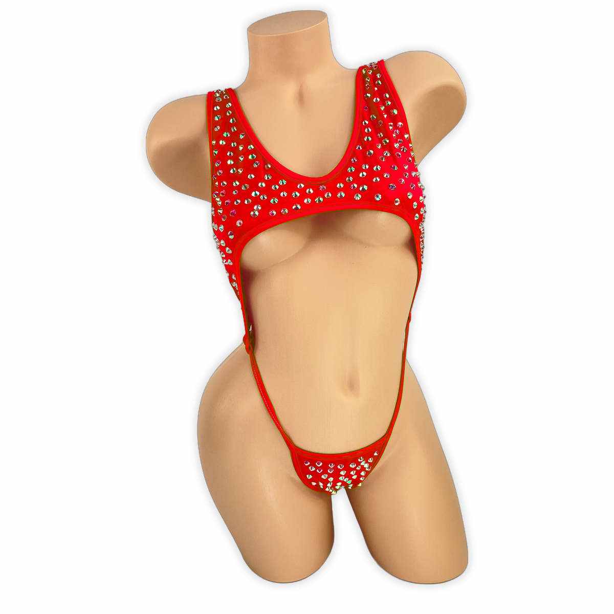 Red Paige rhinestone cutout slingshot bodysuit, front view on mannequin