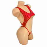 Red Paige rhinestone cutout slingshot bodysuit, side view on mannequin