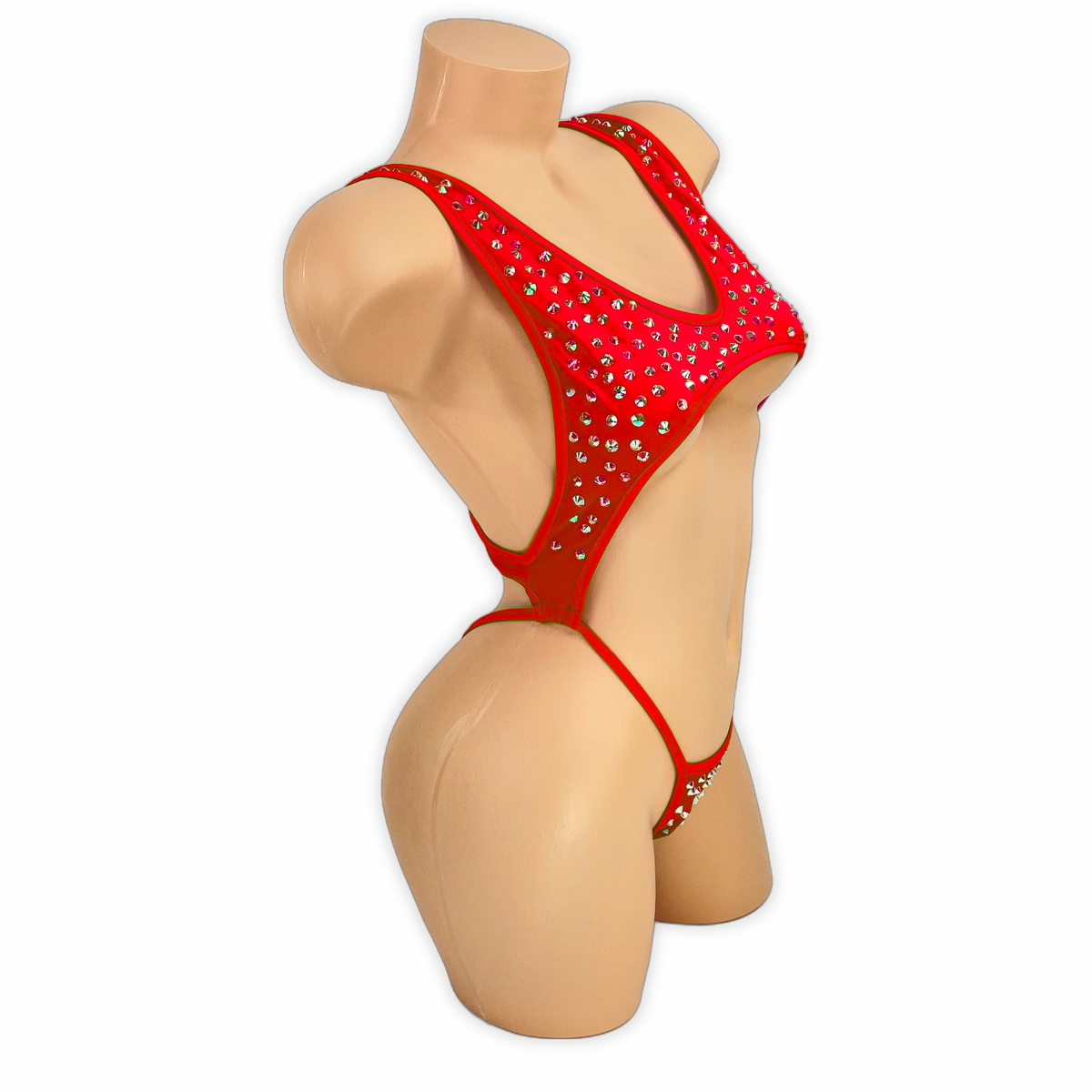 Red Paige rhinestone cutout slingshot bodysuit, side view on mannequin