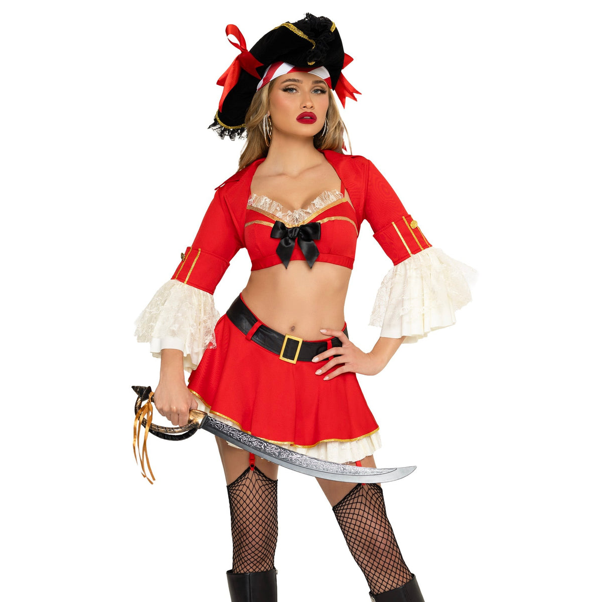 Close front view of red pirate costume with bra top and garter skirt - Golddiggers Boutique