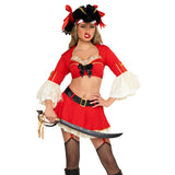 Close front pose of red pirate costume with bra top and garter skirt - Golddiggers Boutique