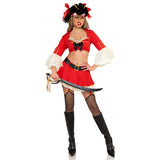 Front pose of red pirate costume with bra top and garter skirt - Golddiggers Boutique