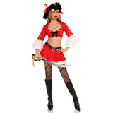 Front view of red pirate costume with bra top and garter skirt - Golddiggers Boutique