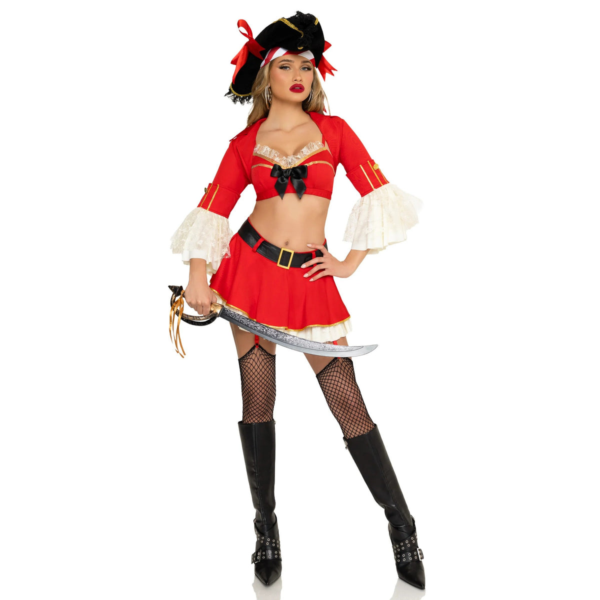 Front view of red pirate costume with bra top and garter skirt - Golddiggers Boutique