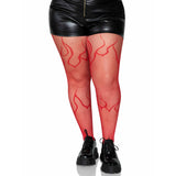 Front view of red plus size flame net tights - Golddiggers Boutique
