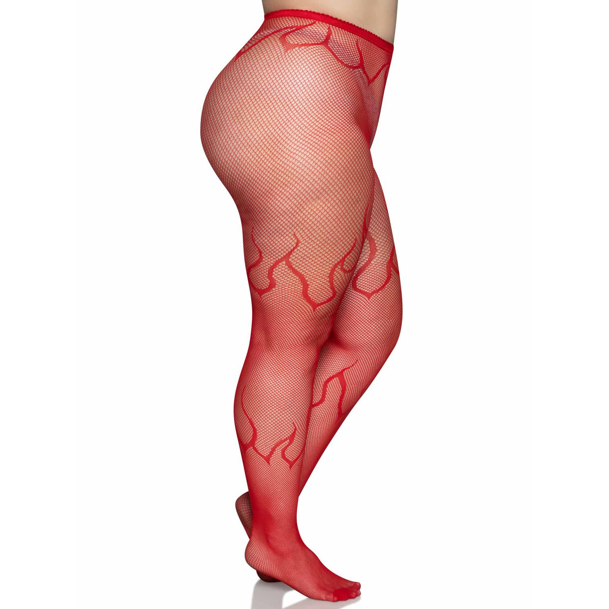 Side view of red plus size flame net tights - Golddiggers Boutique