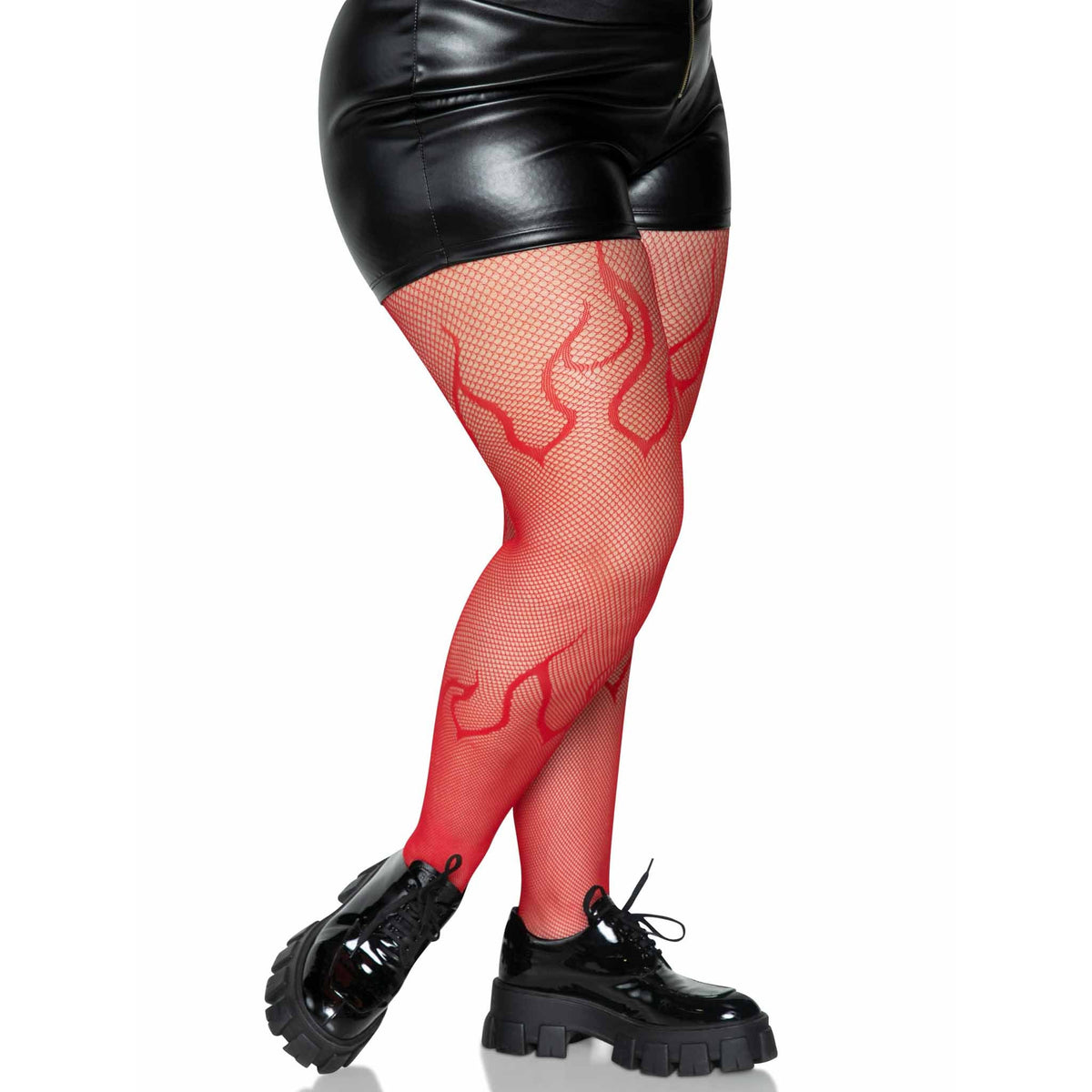 Side view of red plus size flame net tights - Golddiggers Boutique