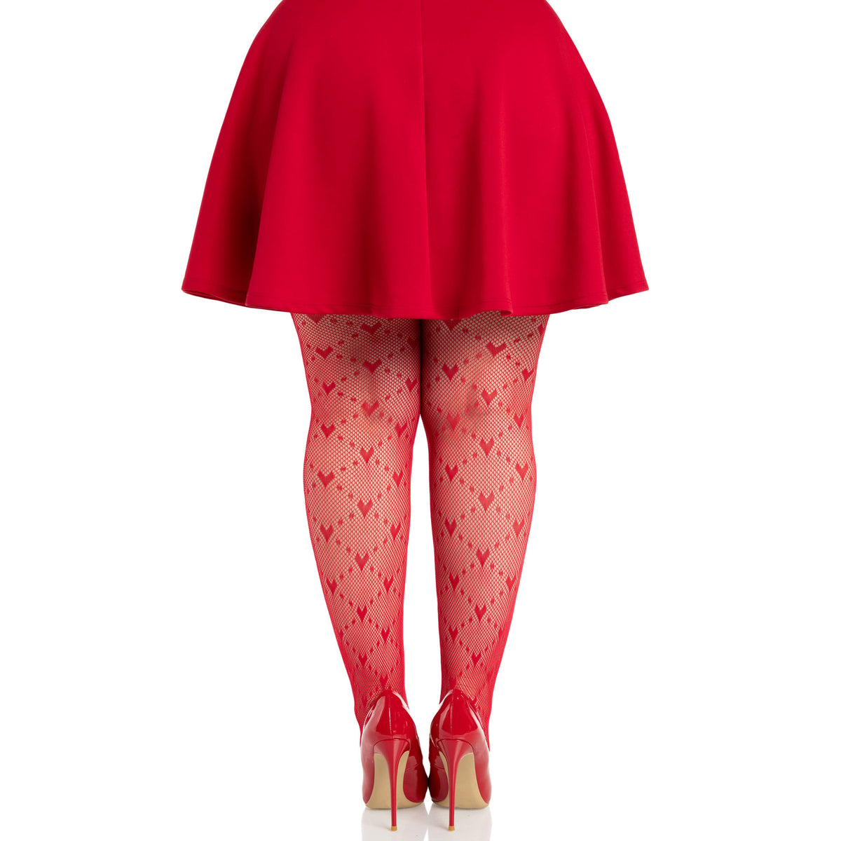 Back view of red plus size heart net tights - Golddiggers Boutique