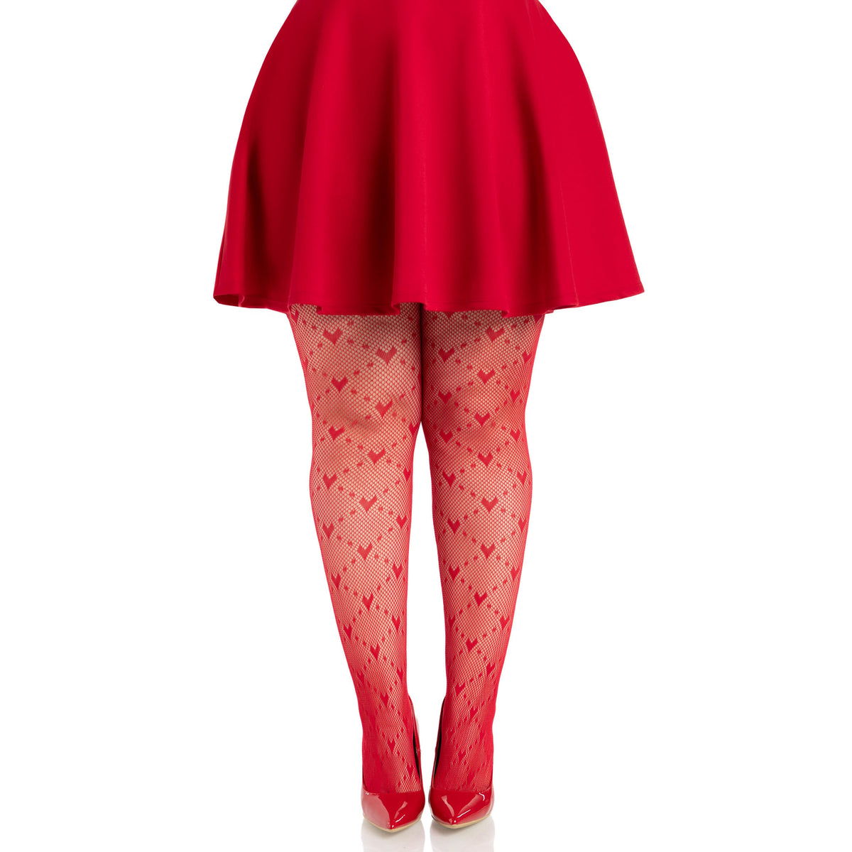 Front view of red plus size heart net tights - Golddiggers Boutique