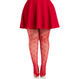 Front view of red plus size heart net tights - Golddiggers Boutique