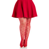Front view of red plus size heart net tights - Golddiggers Boutique
