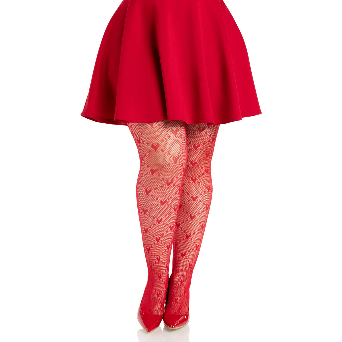Front view of red plus size heart net tights - Golddiggers Boutique