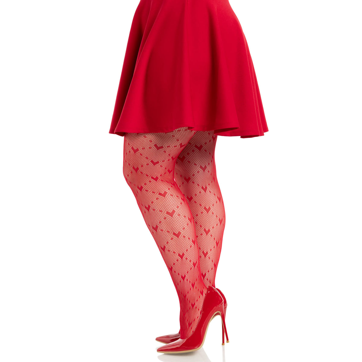 Side view of red plus size heart net tights - Golddiggers Boutique