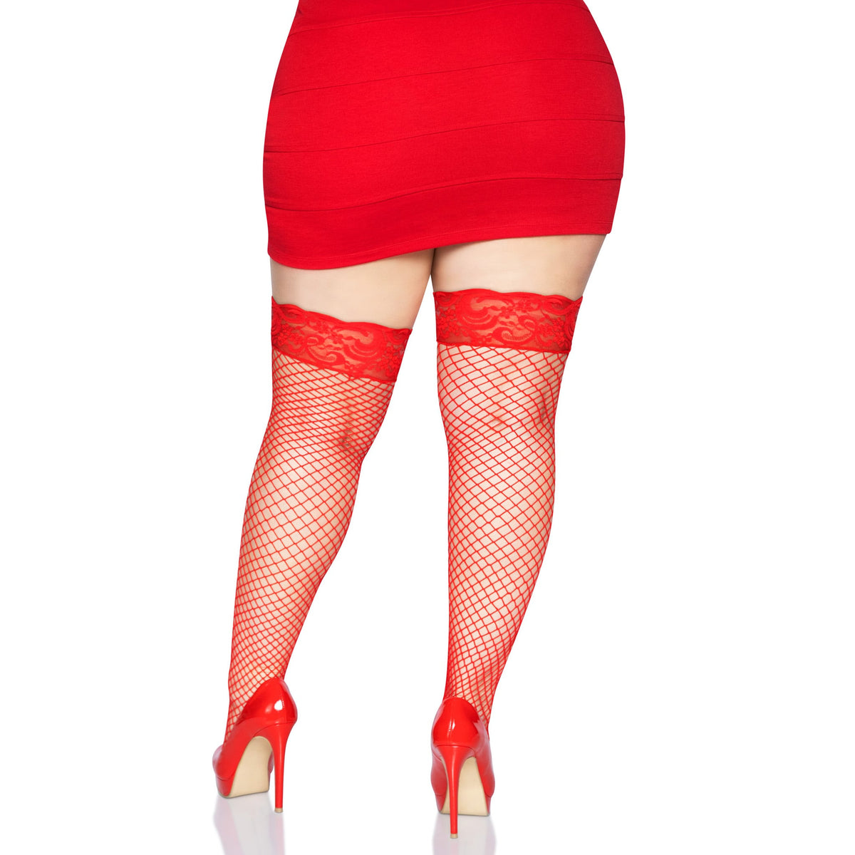 Back view of red plus size lace top industrial net stay-up thigh highs - Golddiggers Boutique