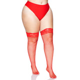 Front view of red plus size lace top industrial net stay-up thigh highs - Golddiggers Boutique