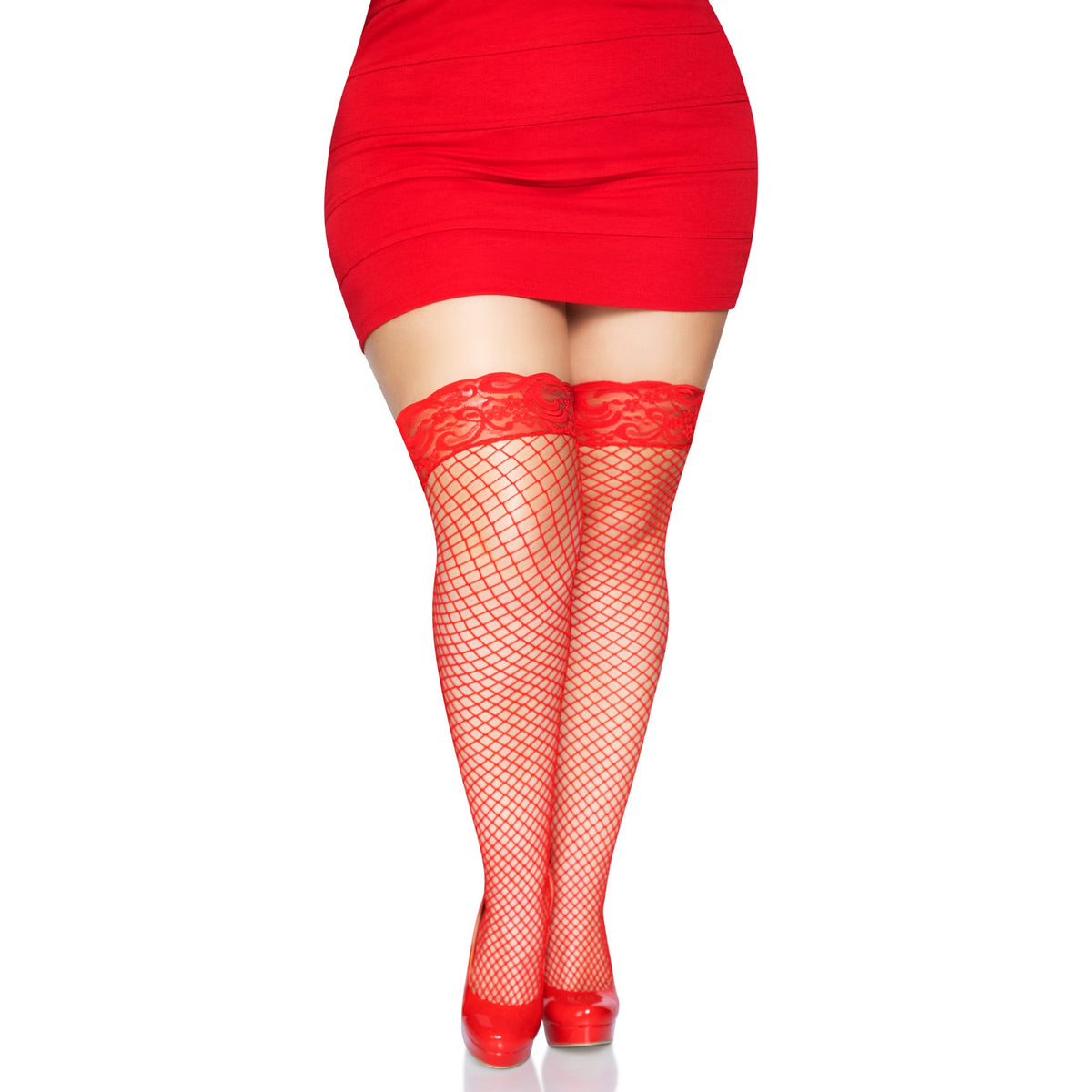 Front view of red plus size lace top industrial net stay-up thigh highs - Golddiggers Boutique
