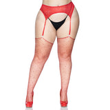 Front view of red plus size rhinestone fishnet stockings - Golddiggers Boutique