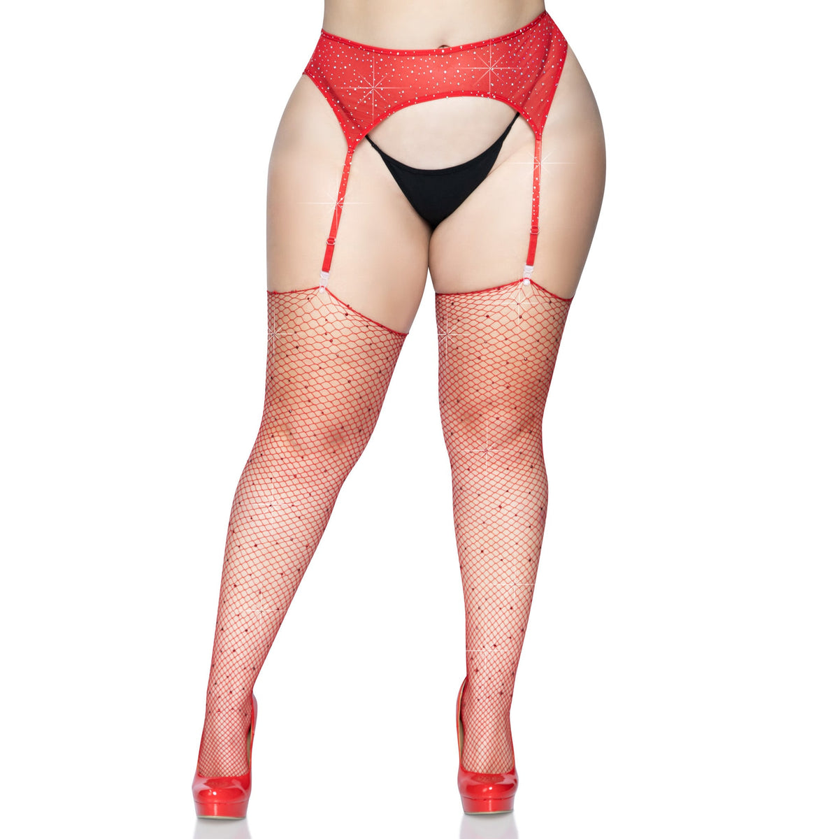 Front view of red plus size rhinestone fishnet stockings - Golddiggers Boutique