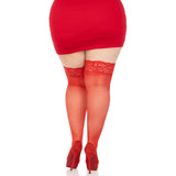 Back view of red plus size sheer lace top stay-up thigh highs - Golddiggers Boutique