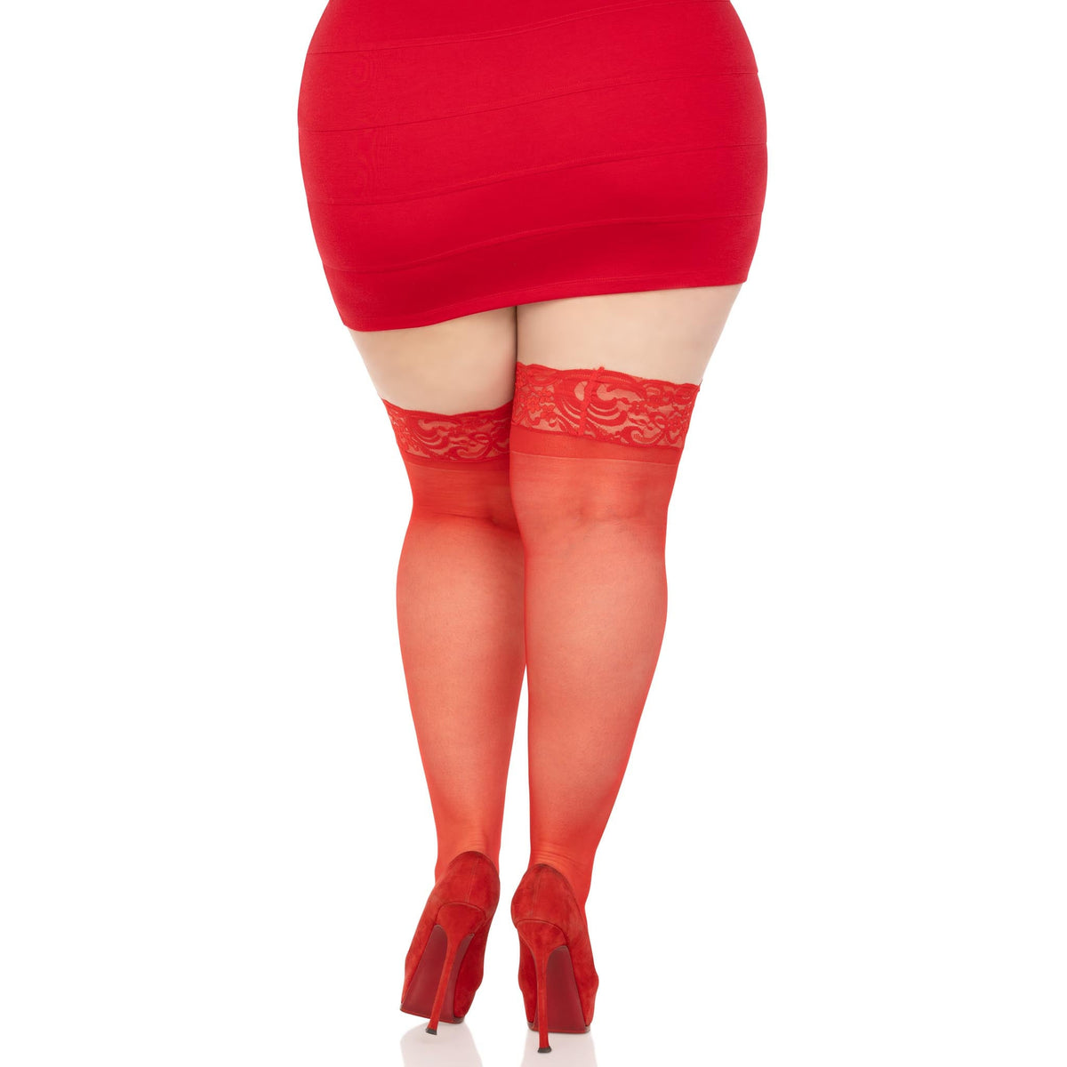 Back view of red plus size sheer lace top stay-up thigh highs - Golddiggers Boutique