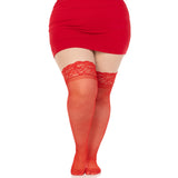 Front view of red plus size sheer lace top stay-up thigh highs - Golddiggers Boutique