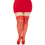 Front view of red plus size sheer lace top stay-up thigh highs - Golddiggers Boutique