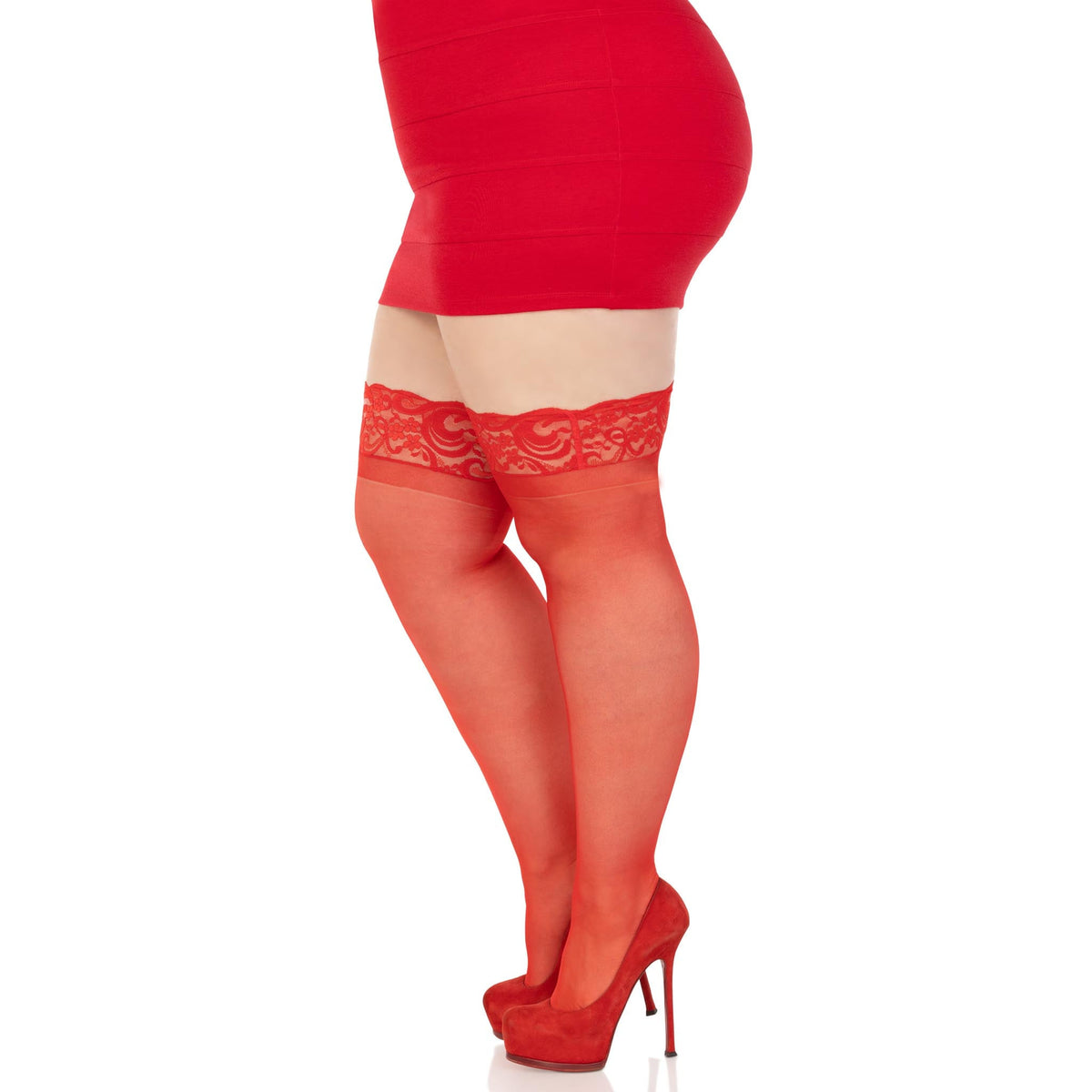 Side view of red plus size sheer lace top stay-up thigh highs - Golddiggers Boutique