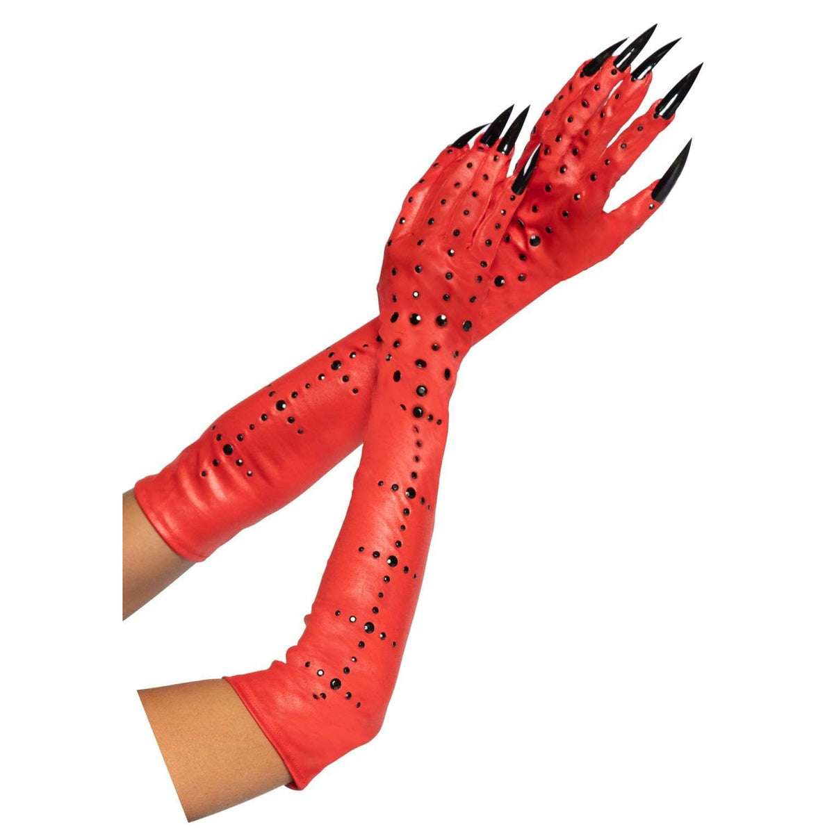 Close-up front view of red rhinestone demon claw gloves - Golddiggers Boutique